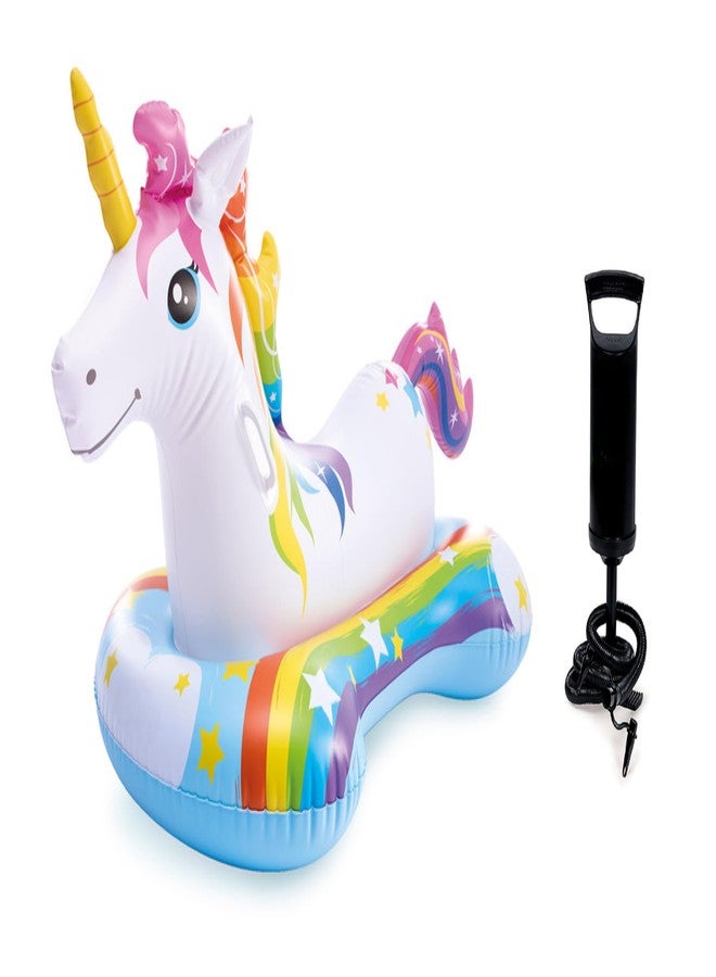 VWretails Inflatable Ride-On Swim Float for Kids, Childrens & Adults. Summer Fun Beach Floatie Perfect for Summer Water Adventures of Age 3+ (Magical Unicorn Rid-On + Hand Pump) - Image 1