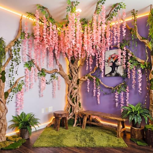 XunYee 40 Pcs 3D Wisteria Tree Wall Decor for Room Classroom Ceiling Artificial Wisteria Hanging Flower DIY Cardboard Paper Tree with Vine Kraft Paper Fairy Bulletin Board DecorationPink - Image 1