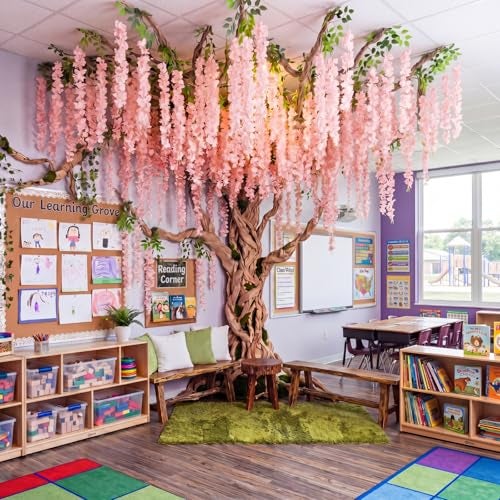 XunYee 40 Pcs 3D Wisteria Tree Wall Decor for Room Classroom Ceiling Artificial Wisteria Hanging Flower DIY Cardboard Paper Tree with Vine Kraft Paper Fairy Bulletin Board DecorationPink - Image 3