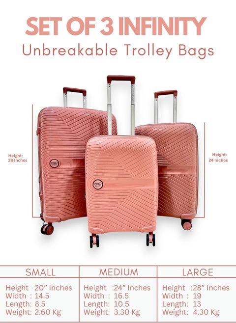 Pink Infinity Set of 3 Trolley SuitCases Small | Medium | Large Luggage Trolley