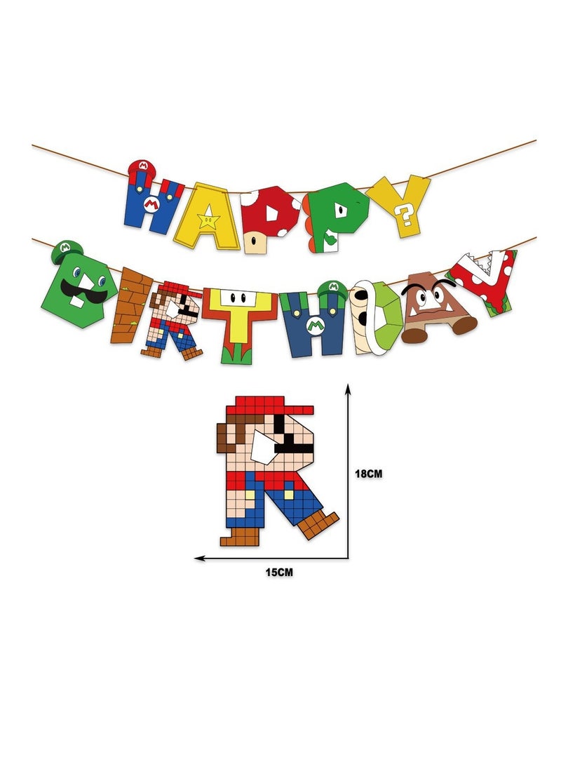 Generic - 35-PCS Mario theme set birthday party supplies including Mario background cloth (size 150cmx100cm), Happy Birthday flag, cake decoration, cupcake decoration, latex balloons - Image 1