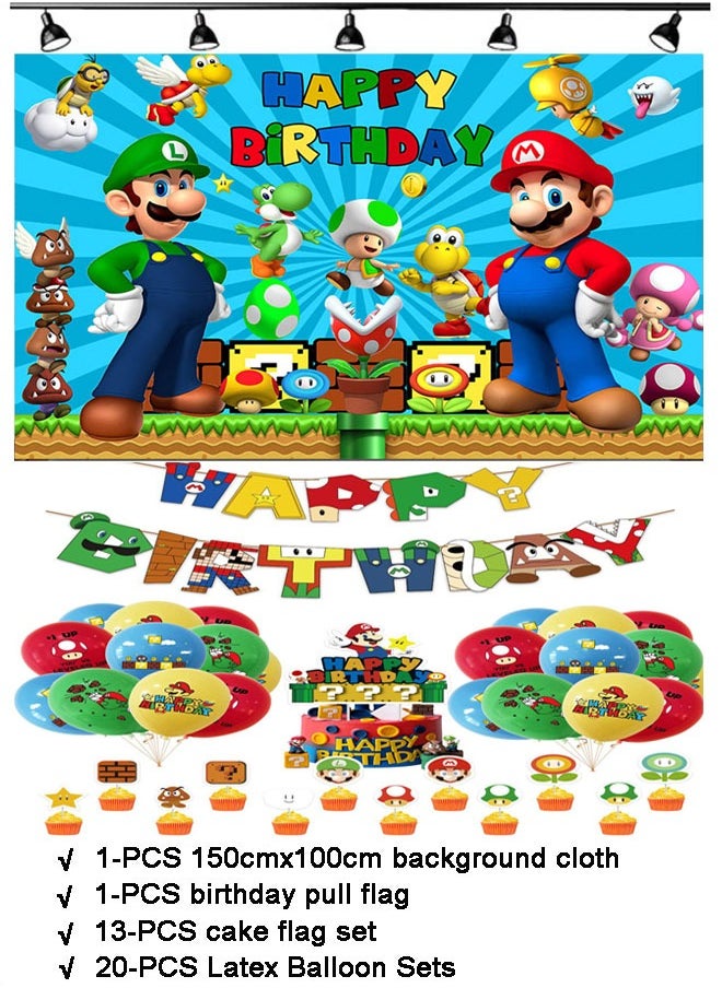 Generic - 35-PCS Mario theme set birthday party supplies including Mario background cloth (size 150cmx100cm), Happy Birthday flag, cake decoration, cupcake decoration, latex balloons - Image 1