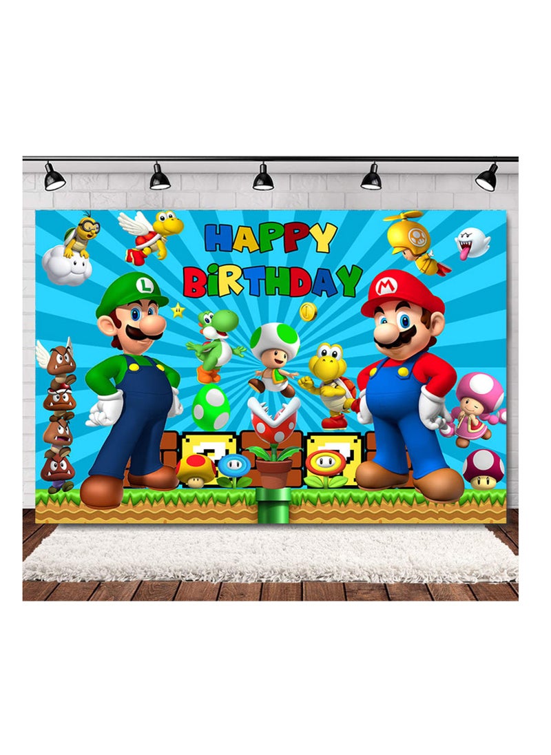 Generic - 35-PCS Mario theme set birthday party supplies including Mario background cloth (size 150cmx100cm), Happy Birthday flag, cake decoration, cupcake decoration, latex balloons - Image 1