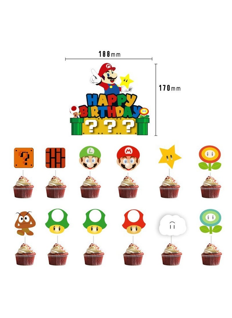 Generic - 35-PCS Mario theme set birthday party supplies including Mario background cloth (size 150cmx100cm), Happy Birthday flag, cake decoration, cupcake decoration, latex balloons - Image 1