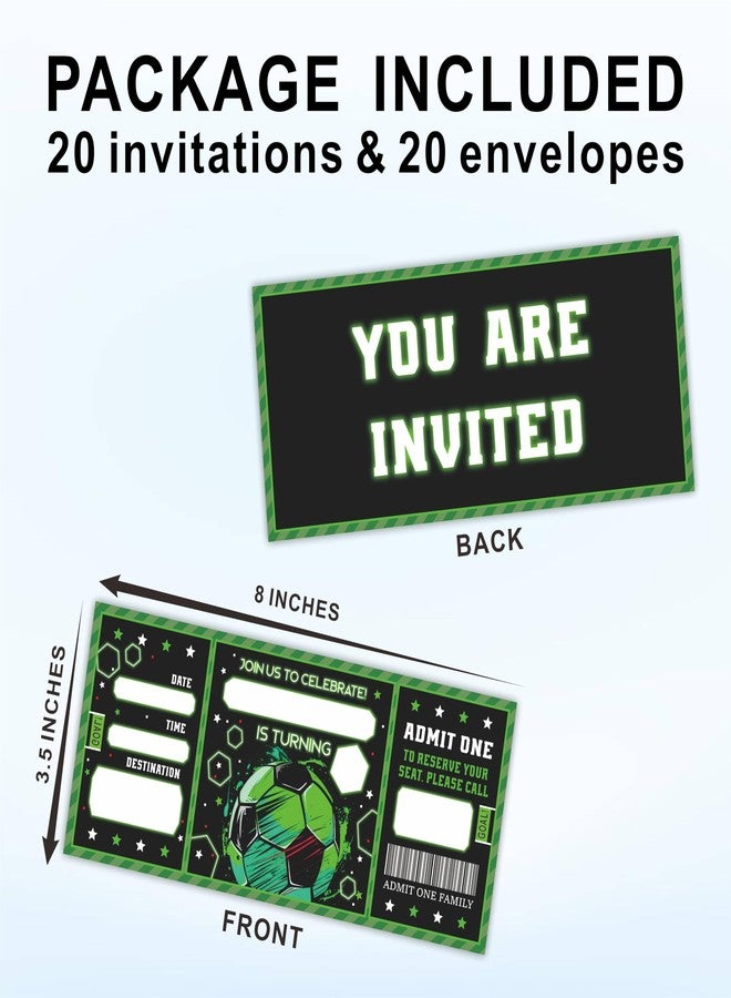 NYCTUG 20 Soccer Birthday Invitations With Envelopes, 3" X 8" Football Theme Birthday Ticket Invitation, Double-Sided Fill In Invites For Boys Girls Birthday, Birthday Party Celebration Supplies - E16 - Image 4
