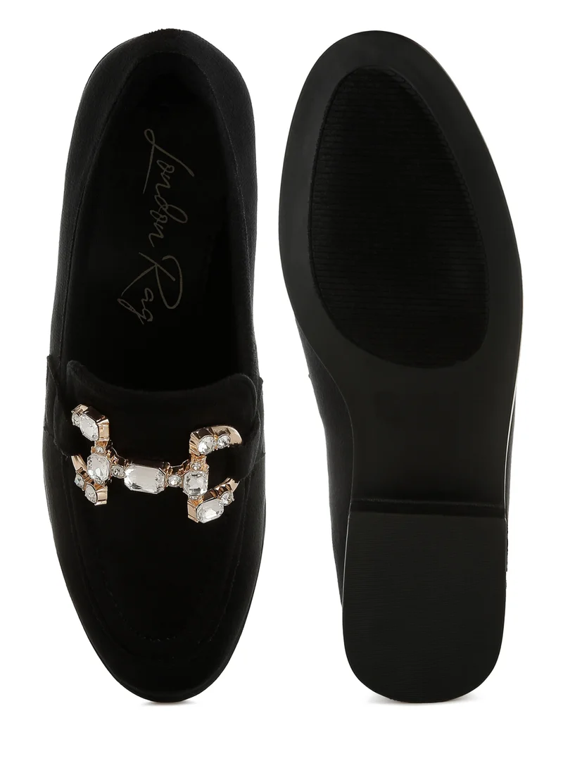 London Rag Diamante Embellished Horsebit Loafers in Black