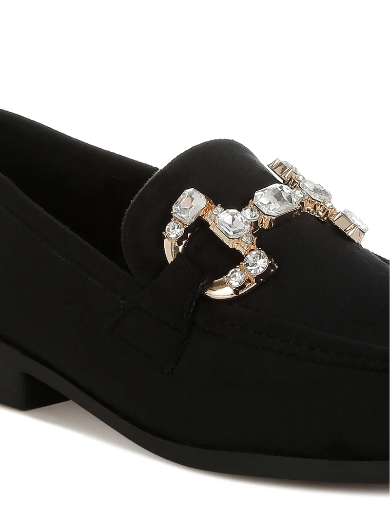 London Rag Diamante Embellished Horsebit Loafers in Black