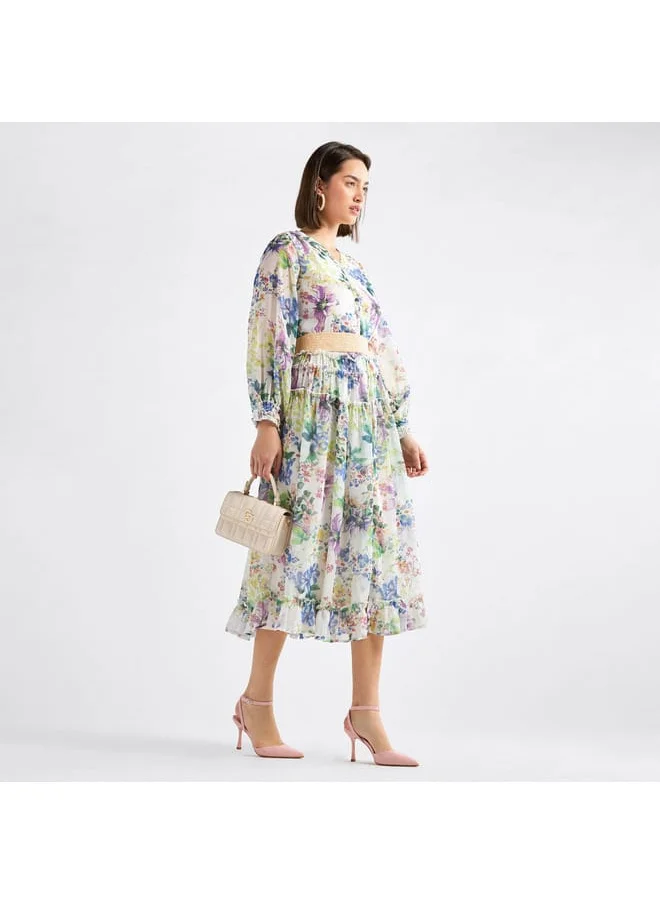 FAV Floral Print Midi Shirt Dress with Long Sleeves