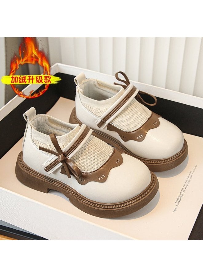 Girls' Leather Shoes  Spring And Autumn Mary Jane Shoes Butterfly Lace Sock Boots Children's Black Soft Soled Leather Shoes Princess