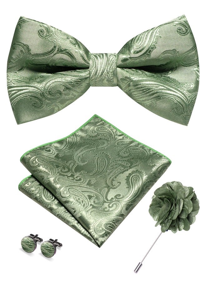 RBOCOTT Sage Green Paisley Bow Tie and Pocket Sqaure Set with Lapel Pin and Cufflinks for Men(14) - Image 1