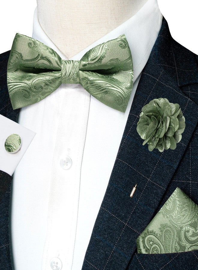 RBOCOTT Sage Green Paisley Bow Tie and Pocket Sqaure Set with Lapel Pin and Cufflinks for Men(14) - Image 2