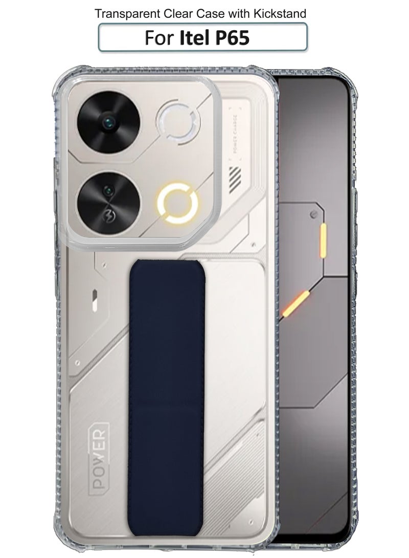 NAFCO For itel P65 4G - Transparent Hand Grip Foldable Magnetic Kickstand Wrist Strap Finger Grip Shockproof Cover  - Clear / Navy Blue - Image 1