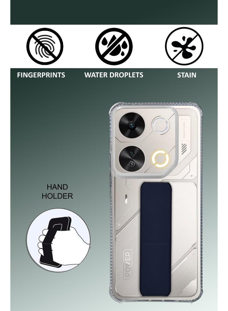 NAFCO For itel P65 4G - Transparent Hand Grip Foldable Magnetic Kickstand Wrist Strap Finger Grip Shockproof Cover  - Clear / Navy Blue - Image 2