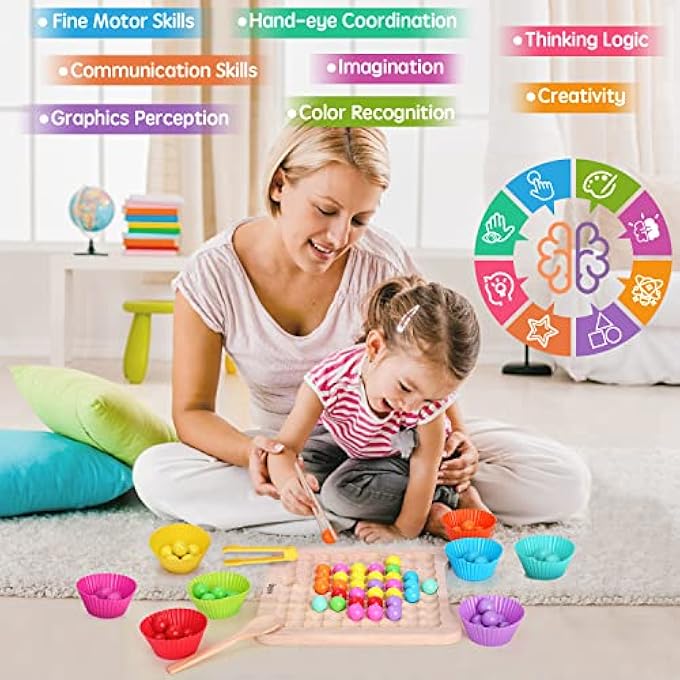 لعبة خرز على لوح خشبي، ألعاب فرز ومطابقة بألوان قوس قزح، ألعاب تعليمية مونتيسوري للأطفال من 3-5 سنوات، 80 قطعة - Image 5