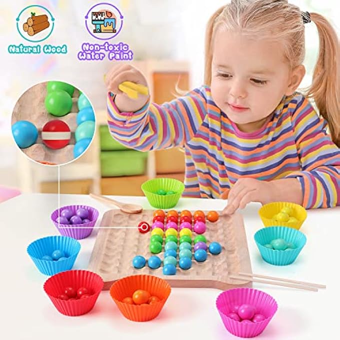 لعبة خرز على لوح خشبي، ألعاب فرز ومطابقة بألوان قوس قزح، ألعاب تعليمية مونتيسوري للأطفال من 3-5 سنوات، 80 قطعة - Image 3