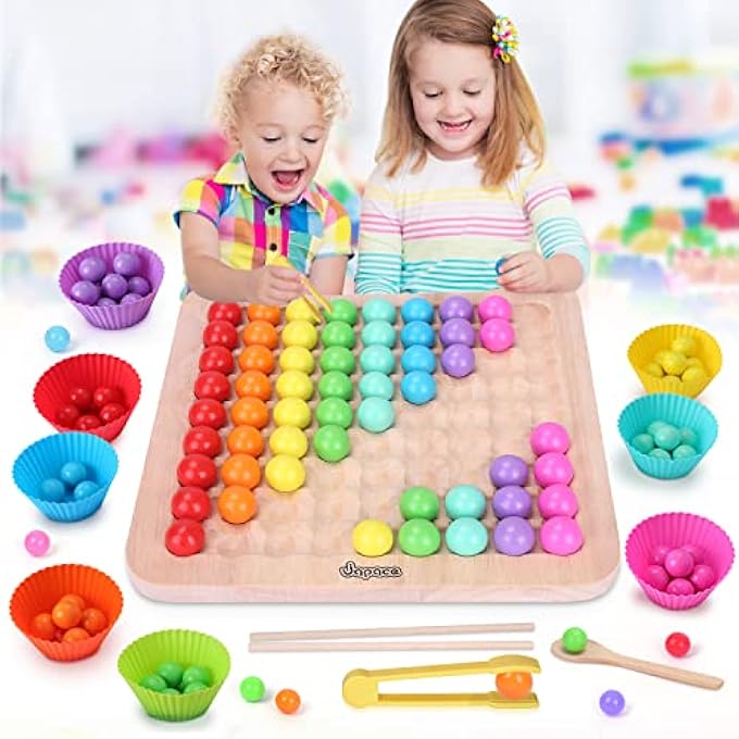 لعبة خرز على لوح خشبي، ألعاب فرز ومطابقة بألوان قوس قزح، ألعاب تعليمية مونتيسوري للأطفال من 3-5 سنوات، 80 قطعة - Image 1