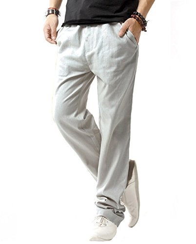 SIR7 Men's Linen Casual Lightweight Drawstrintg Elastic Waist Summer Beach Pants Light Grey L - Image 1