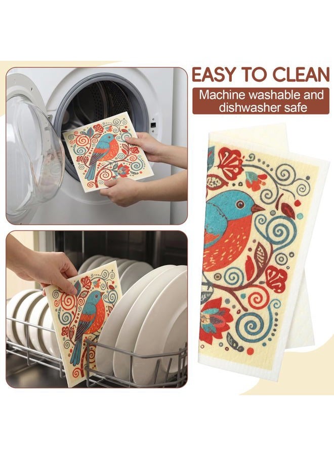 Tegeme 12 Pack Sweden Dishcloths 6 Bird Flower Patterns Super Absorbent Reusable Quick-Drying Washable Sponge Cloths for Kitchen Dishwashing Counters Household Cleaning Durable - Image 4