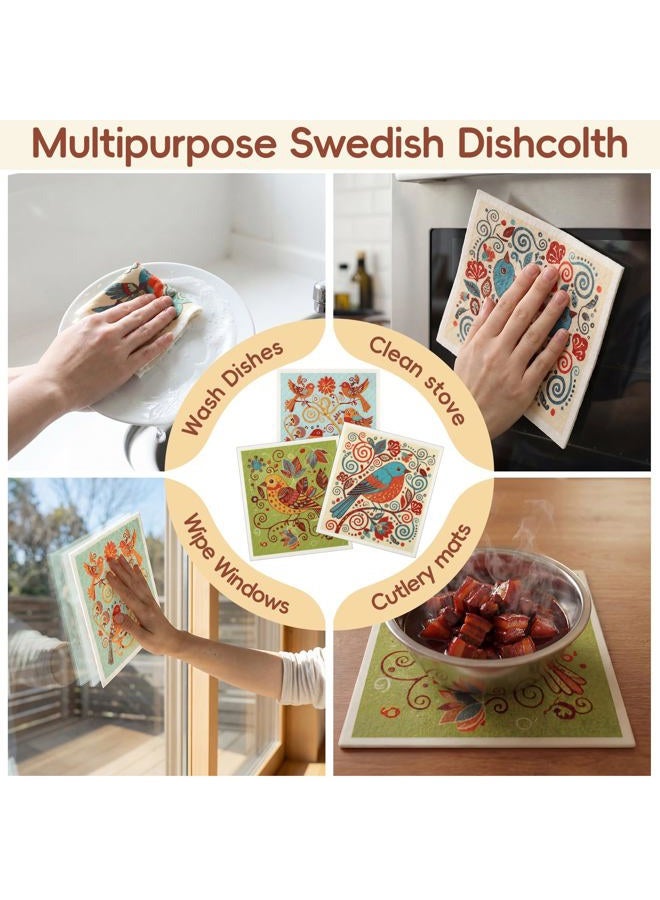 Tegeme 12 Pack Sweden Dishcloths 6 Bird Flower Patterns Super Absorbent Reusable Quick-Drying Washable Sponge Cloths for Kitchen Dishwashing Counters Household Cleaning Durable - Image 3
