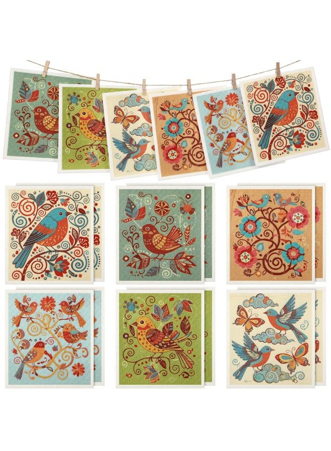 Tegeme 12 Pack Sweden Dishcloths 6 Bird Flower Patterns Super Absorbent Reusable Quick-Drying Washable Sponge Cloths for Kitchen Dishwashing Counters Household Cleaning Durable - Image 1