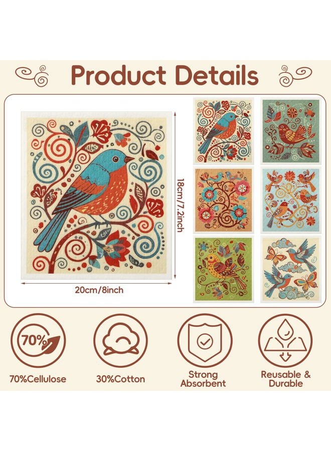 Tegeme 12 Pack Sweden Dishcloths 6 Bird Flower Patterns Super Absorbent Reusable Quick-Drying Washable Sponge Cloths for Kitchen Dishwashing Counters Household Cleaning Durable - Image 2