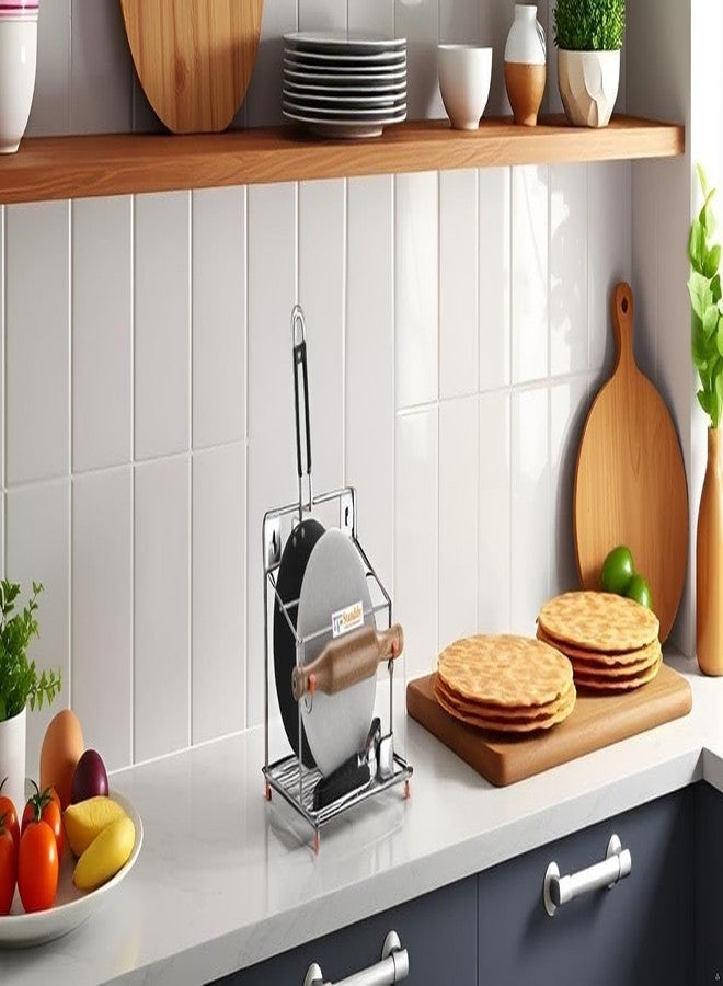STANDIFY® Rolling Pin Stainless 4 In 1 Kitchen Stand Chakla Belan Tawa & Chimta Holder (Pack of 1) Steel for Home & Kitchen Durable, Stable, Anti-Slip Stand for Indoor. - Image 5