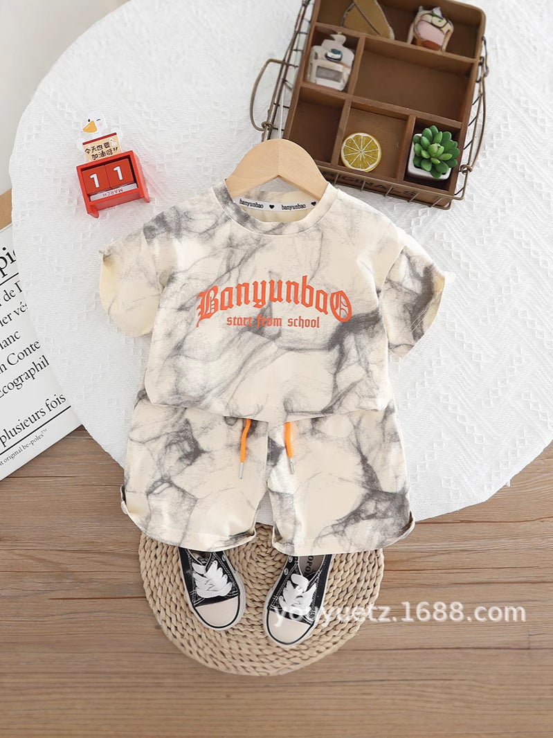 Boys Summer Short-Sleeved Suit 2025 Letter Ink Kidsren'S Clothing Summer Style Casual Pure Cotton Thin Two-Piece Set - Image 4