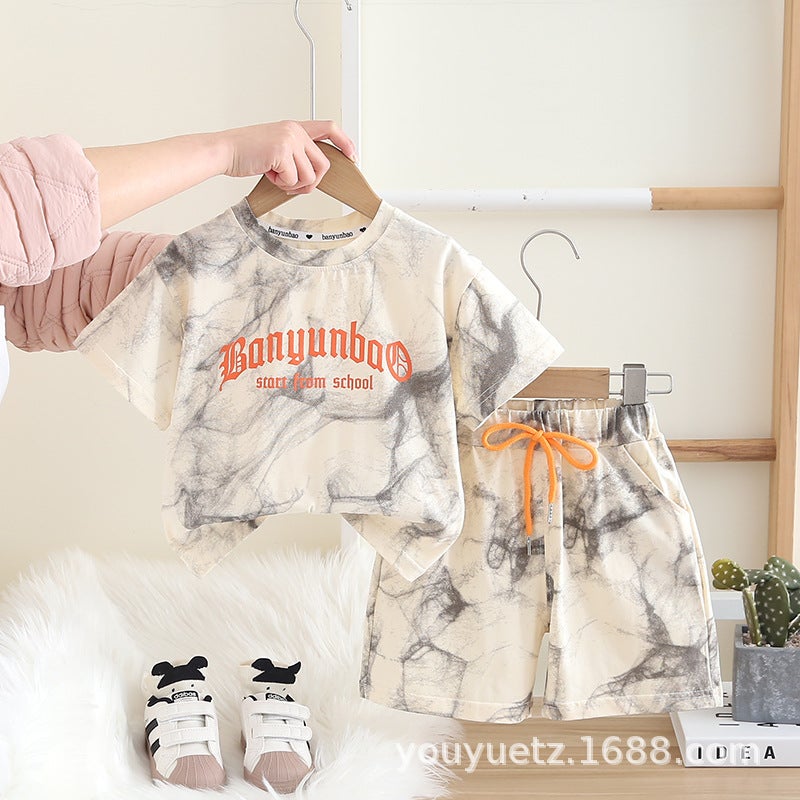 Boys Summer Short-Sleeved Suit 2025 Letter Ink Kidsren'S Clothing Summer Style Casual Pure Cotton Thin Two-Piece Set - Image 1