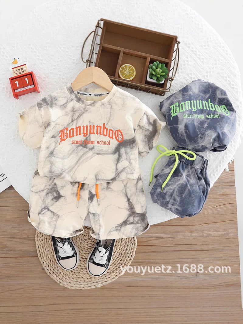 Boys Summer Short-Sleeved Suit 2025 Letter Ink Kidsren'S Clothing Summer Style Casual Pure Cotton Thin Two-Piece Set - Image 2