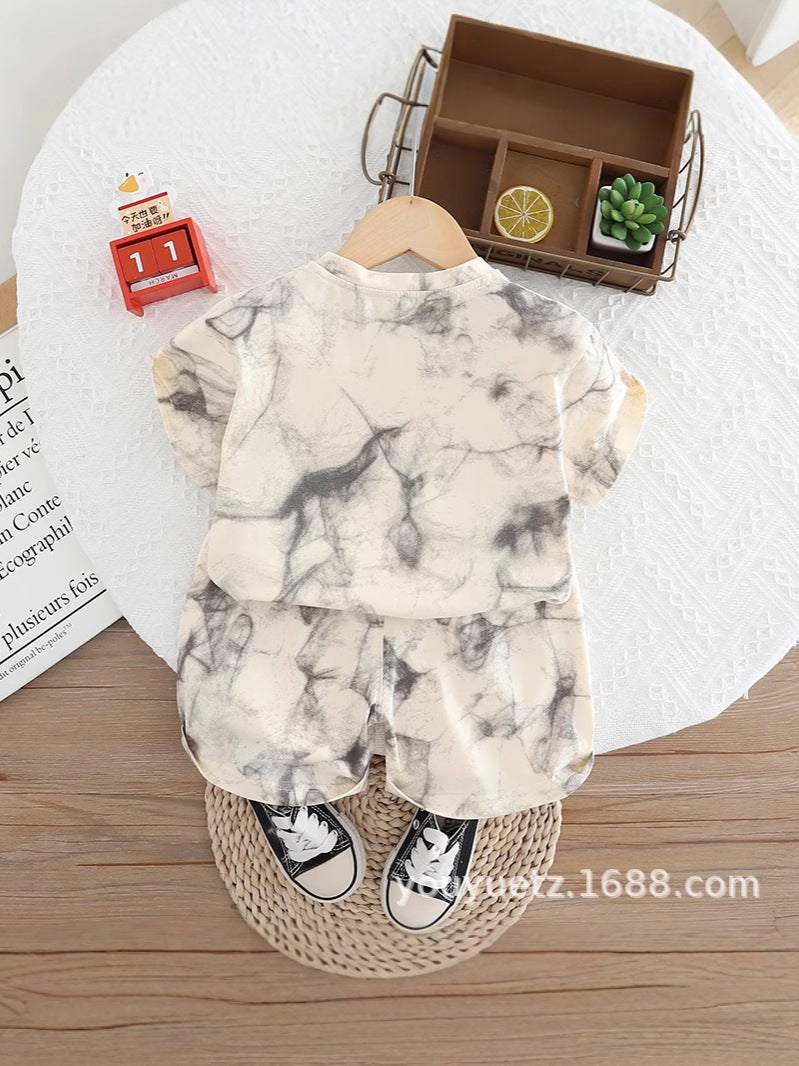 Boys Summer Short-Sleeved Suit 2025 Letter Ink Kidsren'S Clothing Summer Style Casual Pure Cotton Thin Two-Piece Set - Image 5