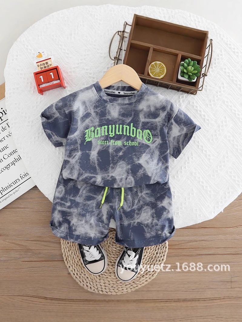 Boys Summer Short-Sleeved Suit 2025 Letter Ink Kidsren'S Clothing Summer Style Casual Pure Cotton Thin Two-Piece Set - Image 3