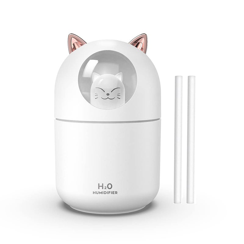 Portable Small Humidifier 300ml Mini Cool Mist Humidifier with Night Light USB Personal Humidifier Auto ShutOff UltraQuiet 2 Spray Modes Suitable for Home Office Travelwhite