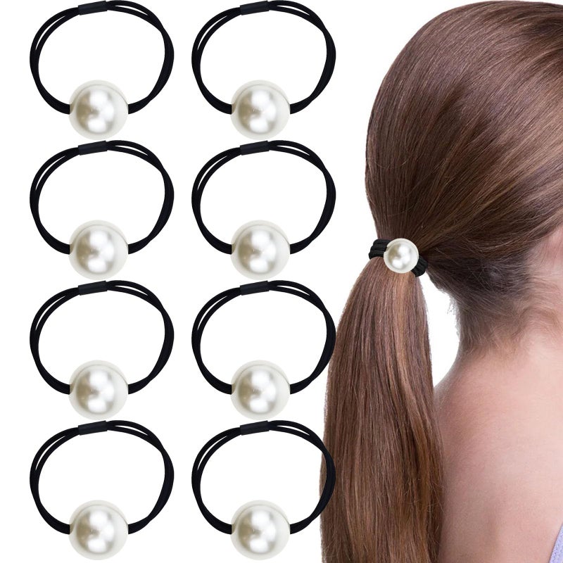 8PCS Pearl Hair Scrunchies for Women Pearl Hair Ties French Band Large Rope Pearl Ponytail Holders Hair Band Tie Single Pearl Elastic Hair Rope Decorative Hair Accessories for Women and Girls
