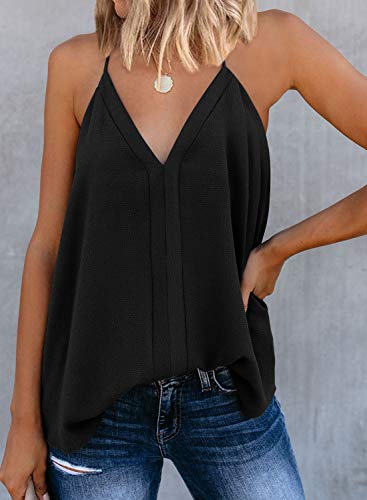 miduo Womens Summer Ladies Solid V Neck Strappy Tank Tops Loose Casual Sleeveless Cami Shirts Flowy Tank Blouses Black M - Image 2