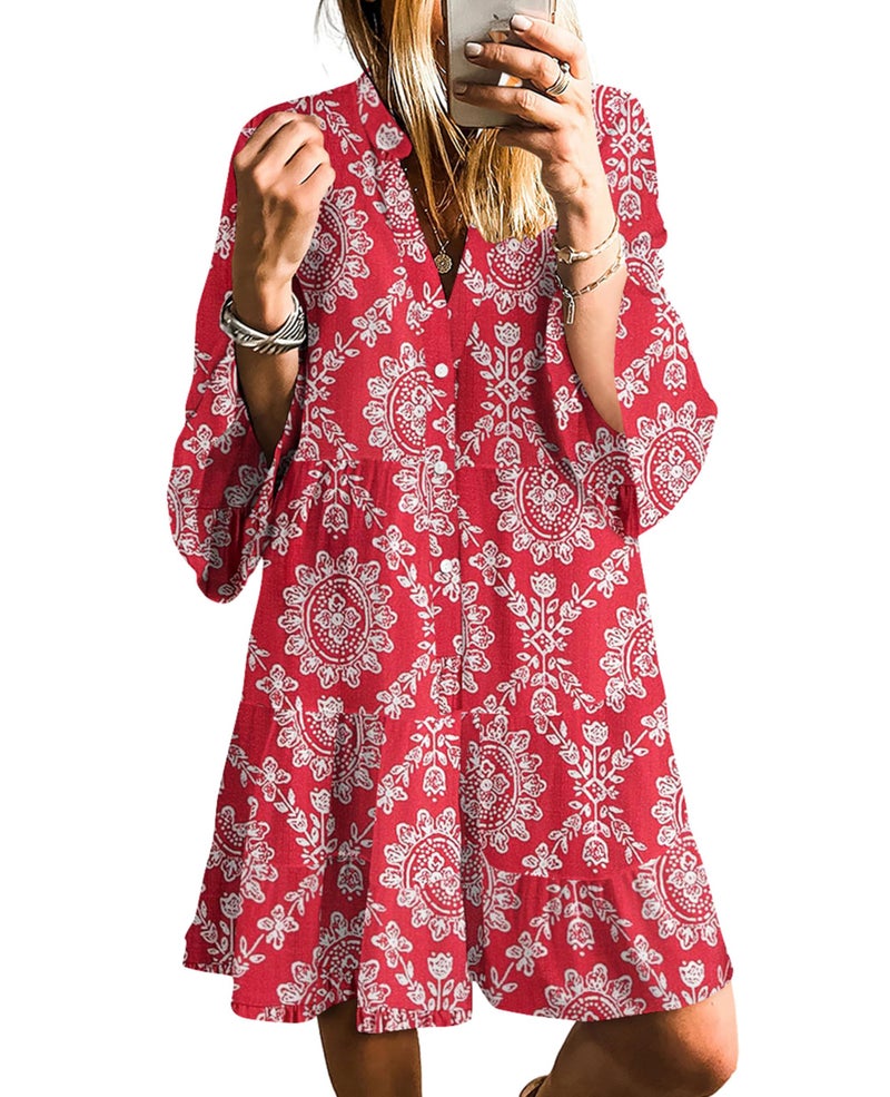 SELINK Womens Long Sleeve Dresses Casual V Neck Tribal Print Button Flowy Boho Mini Beach Dress Red-XL - Image 1
