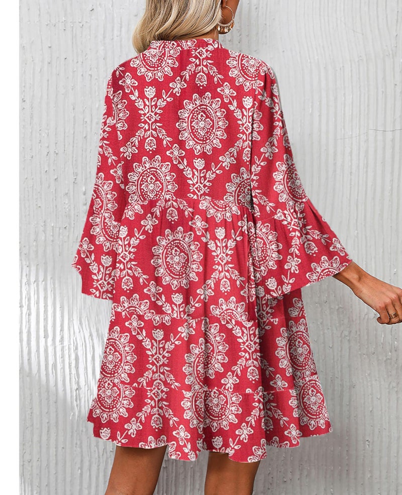 SELINK Womens Long Sleeve Dresses Casual V Neck Tribal Print Button Flowy Boho Mini Beach Dress Red-XL - Image 2