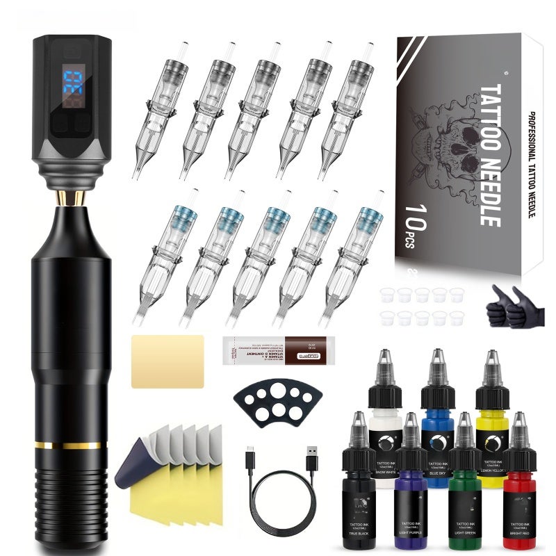 Wireless Tattoo Pen: Black One-Piece Structure, Non-Slip Grip - Needle Adjustment, Mini 10V Stable Power Supply for Professional Body Art Creation - Image 1