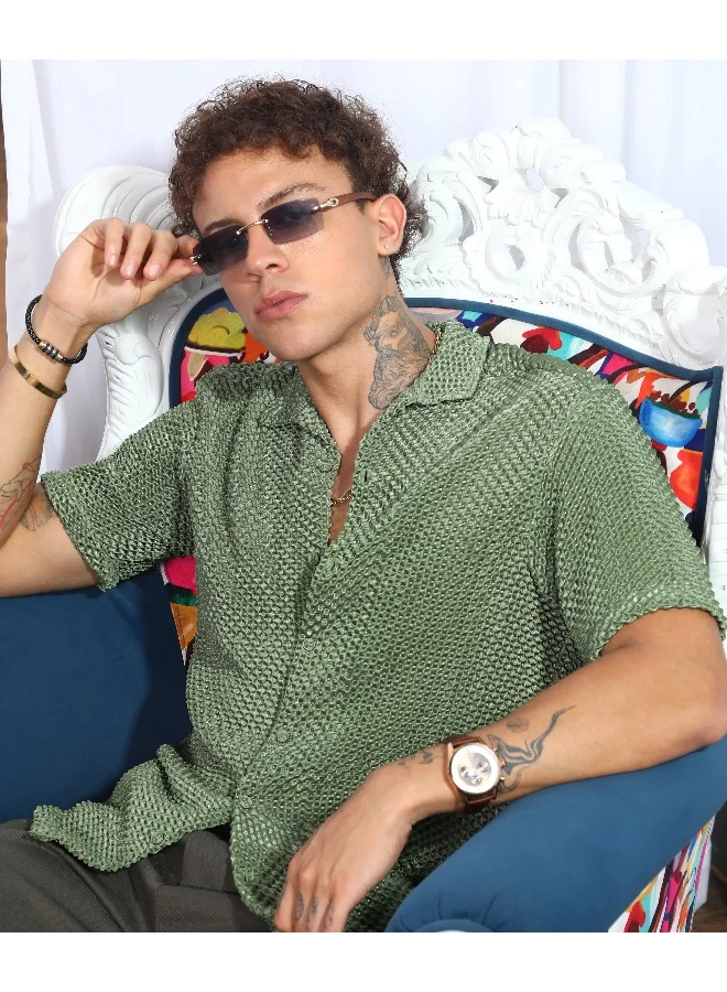 Campus Sutra Men's Olive Green Puffy-Textured Shirt For Casual Wear | Cuban Collar | Short Sleeve | Button Closure | Shirt Crafted With Comfort Fit For Everyday Wear