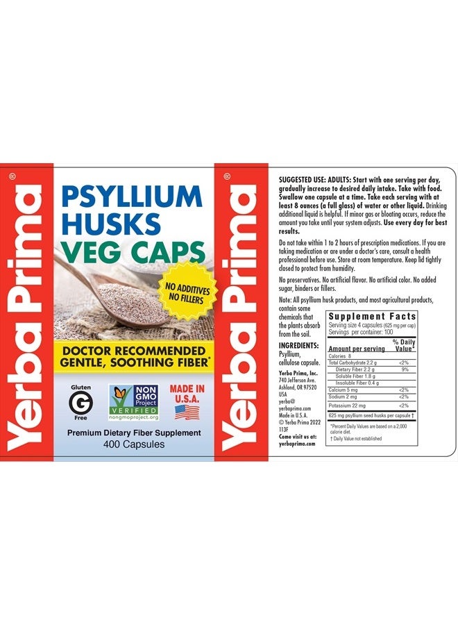 Yerba Prima Psyllium Husks Veg Caps, 400 Capsules (625mg) - Vegan, Non-GMO, Gluten Free, Colon Cleanser, Daily Fiber Supplement for Gut Health & Regularity - Image 5