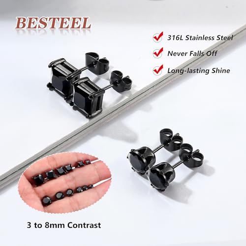 BESTEEL 2 Pairs Hypoallergenic Cubic Zirconia Black Stud Earrings for Men Women 316L Stainless Steel Square Round CZ Mens Earrings Studs Jewelry Set for Sensitive Ears 3-8MM Black 4mm - Image 5