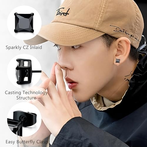BESTEEL 2 Pairs Hypoallergenic Cubic Zirconia Black Stud Earrings for Men Women 316L Stainless Steel Square Round CZ Mens Earrings Studs Jewelry Set for Sensitive Ears 3-8MM Black 4mm - Image 2