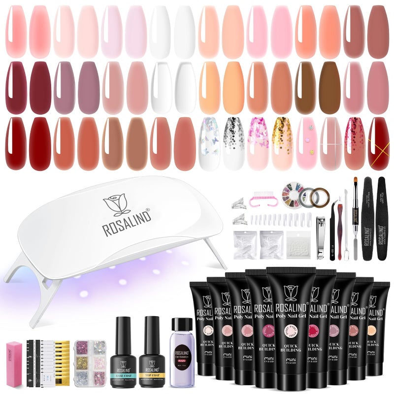 ROSALIND Poly Nail Gel Kit -20 Colors + 76 Nail Art Accessories kit Clear Nude Poly Nails Gel Starter Kit With Slip Solution Pro Nude Pink Nail Extensions with Mini UV Lamp - Image 1