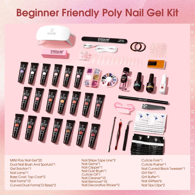 ROSALIND Poly Nail Gel Kit -20 Colors + 76 Nail Art Accessories kit Clear Nude Poly Nails Gel Starter Kit With Slip Solution Pro Nude Pink Nail Extensions with Mini UV Lamp - Image 2