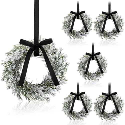 Maysing 6 Pcs 98 Christmas Cabinets Wreaths for Kitchen Snowy Cedar Wreath with Ribbon Bows Artificial Hanging Wreaths Garland Decorations for Home Window Door Porch Holiday Party DecorBlack - Image 1