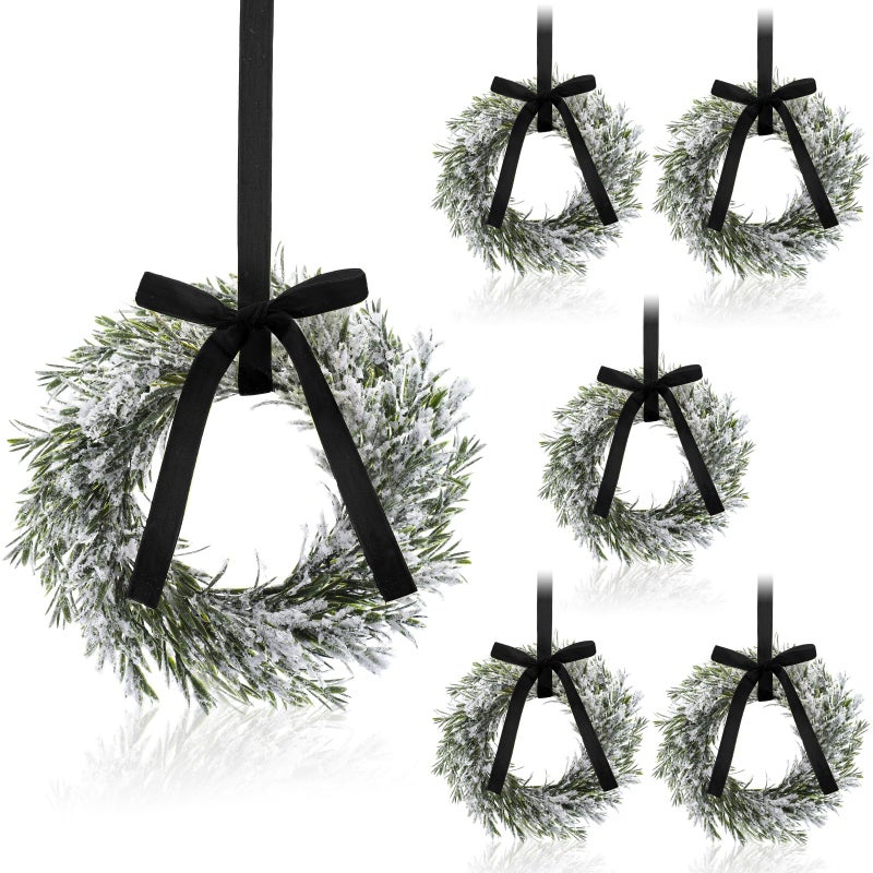 Maysing 6 Pcs 98 Christmas Cabinets Wreaths for Kitchen Snowy Cedar Wreath with Ribbon Bows Artificial Hanging Wreaths Garland Decorations for Home Window Door Porch Holiday Party DecorBlack - Image 2