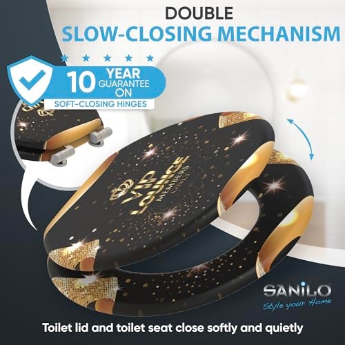 SANILO Wooden Toilet Seat with Soft Close [ROUND] - Decorative, Quiet & Slow Close Molded Wood Seat - With Strong Bumpers & Hinges - Adjustable Fit – VIP-Lounge - Image 3