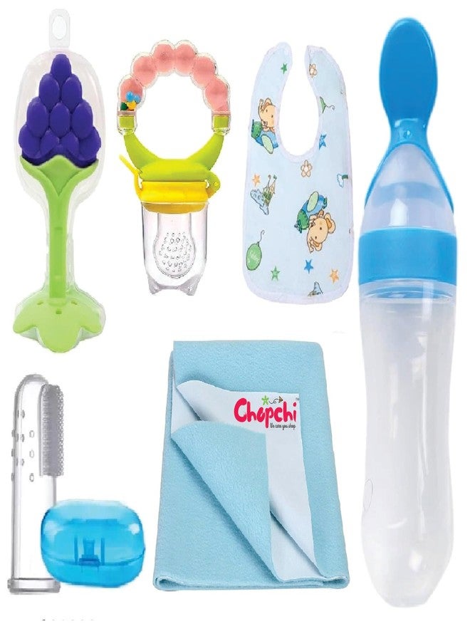 Chopchi Combo of 6 Item- Baby Pacifier with Rattle 1 Pcs, Silicone Spoon 90ML 1 Pcs,Teether 1 Pcs,Finger Brush 1 Pcs, Sky Blue Dry Sheet Small Size 50x70cm 1 Pcs, Baby bib 1 pcs (Blue Set) - Image 1