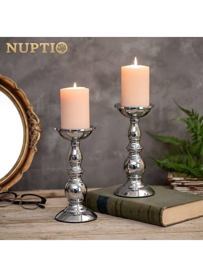 NUPTIO Silver Pillar Candle Holders, Wedding Centerpieces Metal Candle Holder for 3 inches Candles Stand Decoration Ideal for Weddings Special Events Parties Living Room, 2 Pcs - Image 2