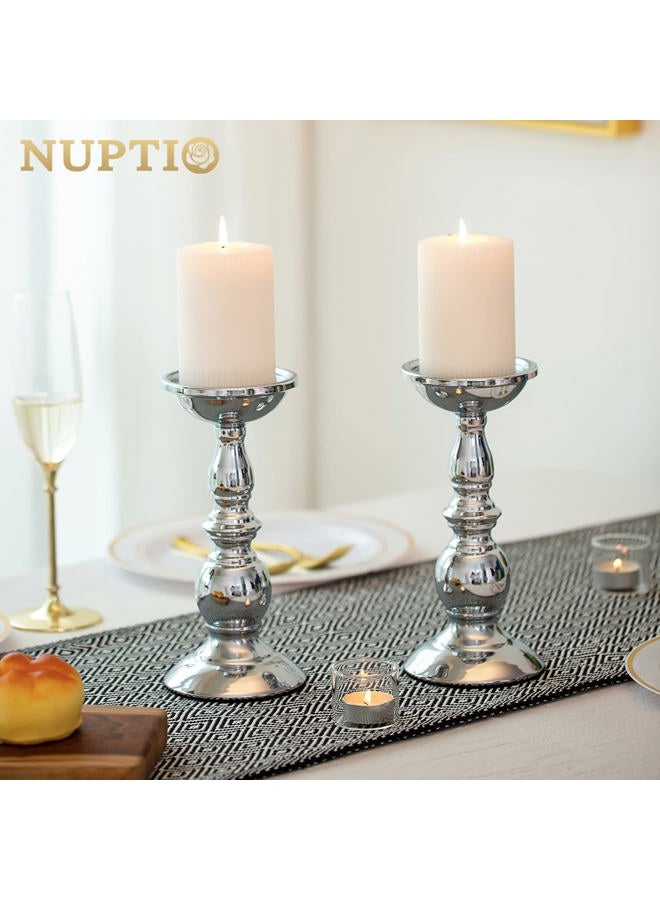 NUPTIO Silver Pillar Candle Holders, Wedding Centerpieces Metal Candle Holder for 3 inches Candles Stand Decoration Ideal for Weddings Special Events Parties Living Room, 2 Pcs - Image 3