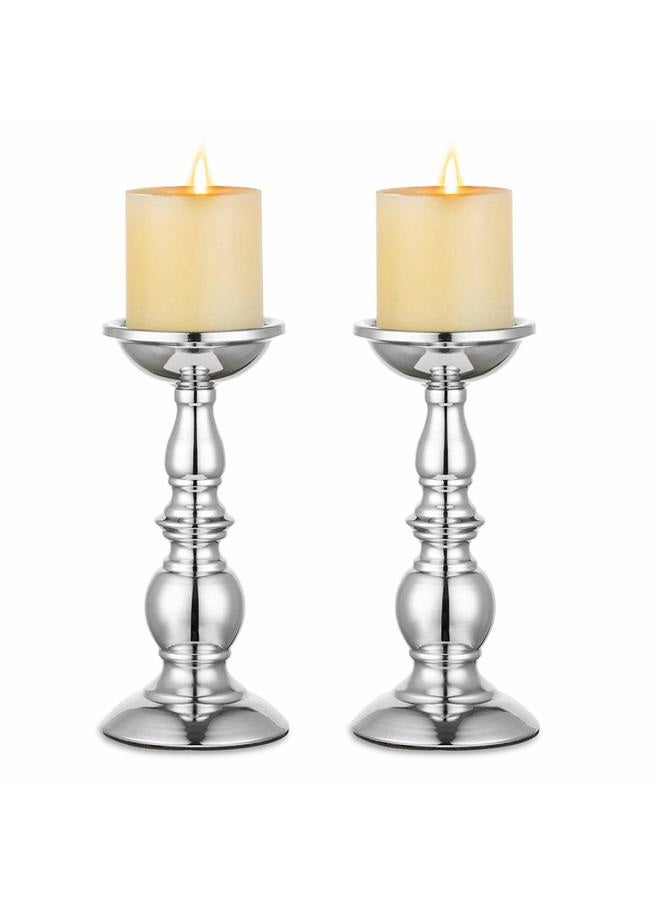 NUPTIO Silver Pillar Candle Holders, Wedding Centerpieces Metal Candle Holder for 3 inches Candles Stand Decoration Ideal for Weddings Special Events Parties Living Room, 2 Pcs - Image 1